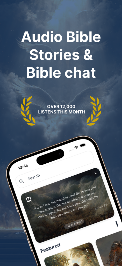Audio Bible Stories & Chat - BibleNow app interface showing audio bible stories and AI chat features