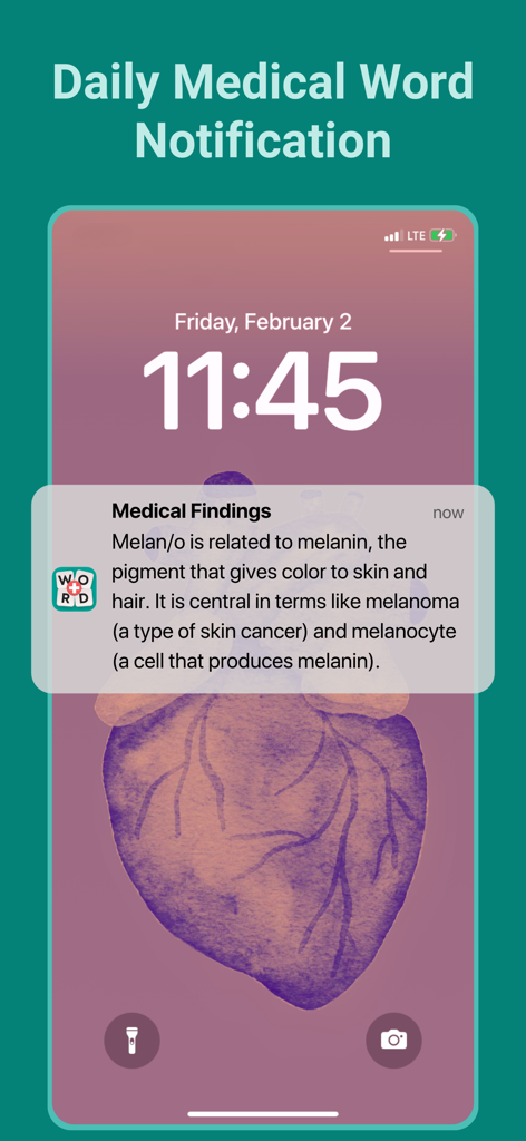 iPhone lock screen showing a daily medical terminology notification from the Medical Findings app