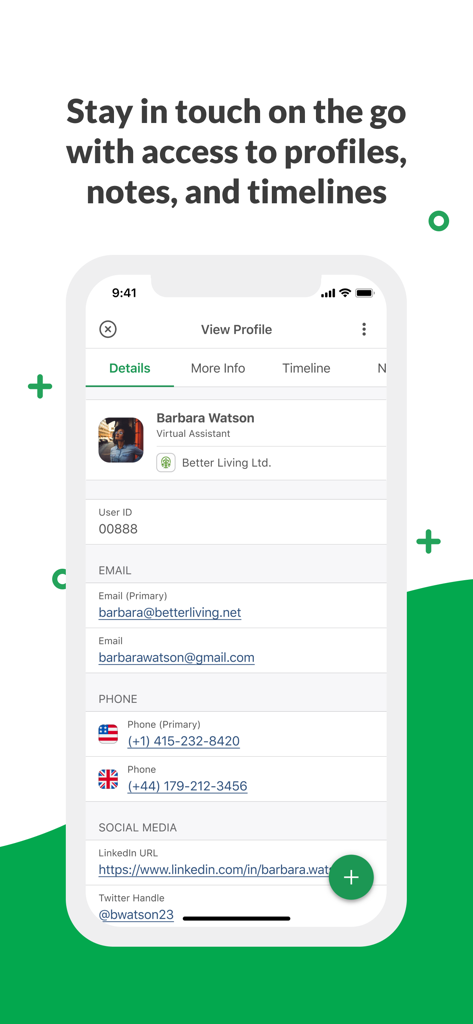 Tawk.to app interface displaying a contact profile with details like email phone and social media handles