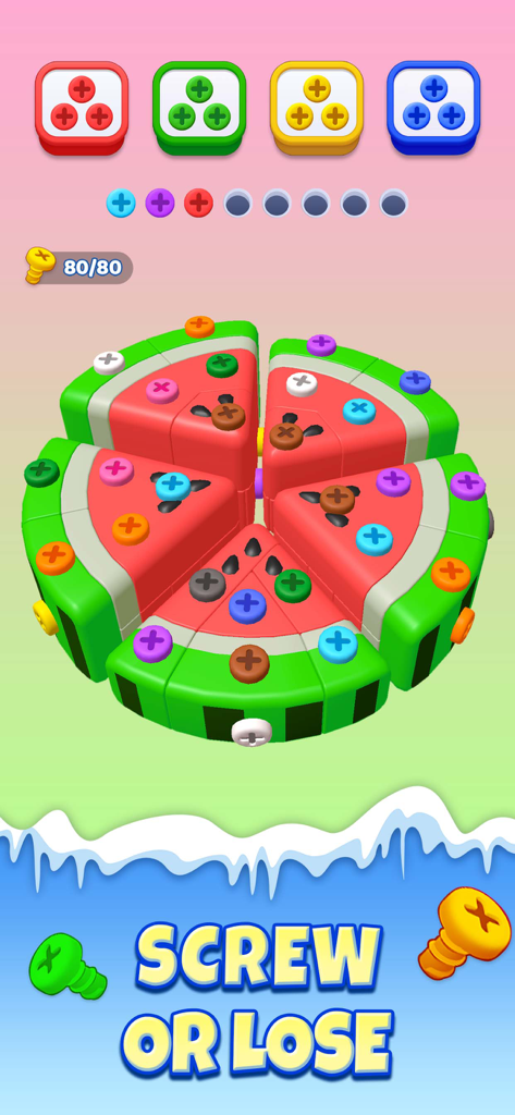 Unscrew Frenzy 3D - A 3D puzzle level in Unscrew Frenzy 3D showing colorful screws being removed from a sliced watermelon model to be sorted into matching color boxes.