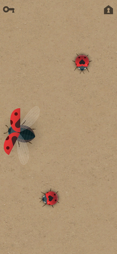 Three digital ladybugs on a textured surface in a cat toy mobile game
