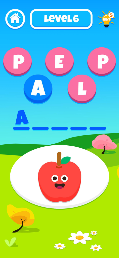 Brain On: Baby Puzzle Games - Un juego de puzzle de deletreo de palabras para niños que muestra letras desordenadas para la palabra manzana con una linda ilustración de una manzana sonriente.