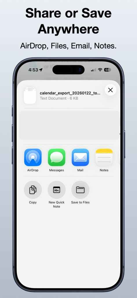 Export Calendar - CSV & ICS - iPhone screen showing the share sheet with options to save or share a calendar export file via AirDrop, Mail, or Files.