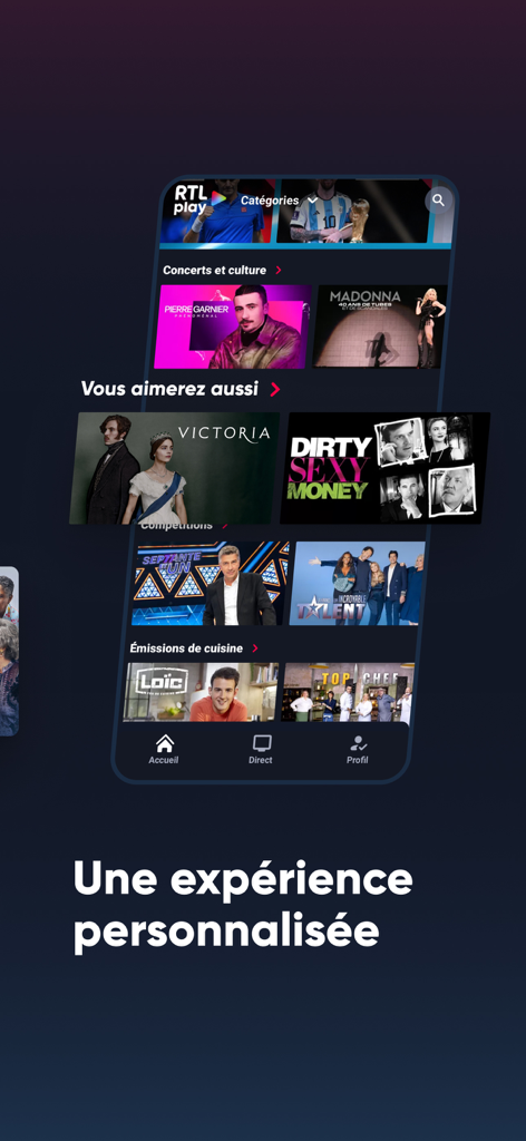 L'interface de l'application RTL Play affiche des catégories personnalisées pour la diffusion en continu de concerts, de séries de concerts et d'émissions culinaires en français.