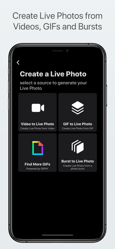 Live Studio - All-in-One - Interface of Live Studio app showing options to create a Live Photo from video, GIF, or photo burst