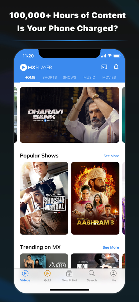 MX Player - Interfaz de la aplicación móvil MX Player que presenta populares series web y películas indias