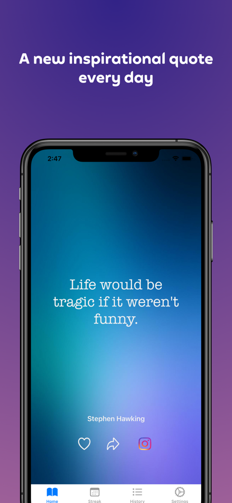 iPhone screen displaying a daily quote from Stephen Hawking with Instagram sharing options