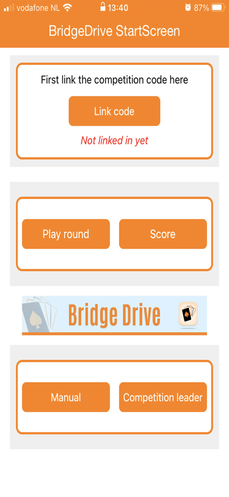 BridgeDrive 모바일 앱 시작 화면으로, 경쟁 코드 연결 및 토너먼트 점수 관리 옵션 제공