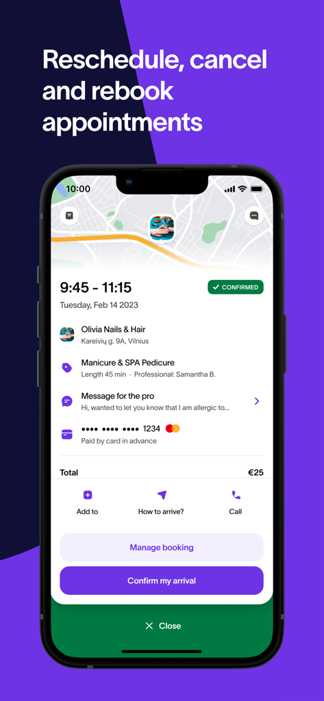 Watalook: Book Beauty Services - Una interfaz móvil de la aplicación Watalook mostrando una cita de manicura confirmada con opciones para gestionar la reserva y ver los detalles del pago.