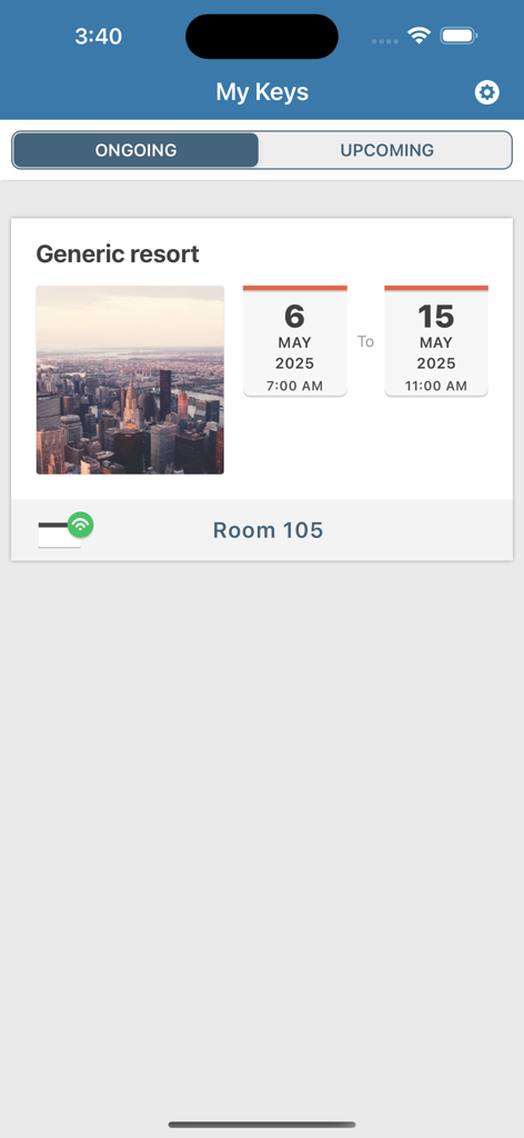 La pantalla Mis Llaves de la aplicación Hospitality Mobile Access que muestra una reserva de hotel y el número de habitación
