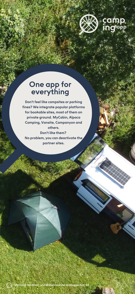 Aerial view of a white campervan and green tent on a grassy pitch with an overlay describing bookable private campsites in Europe