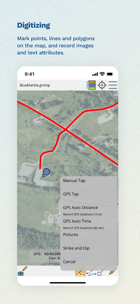 Global Mapper Mobile - Global Mapper Mobile screen showing GIS digitizing tools for marking points lines and polygons on a map