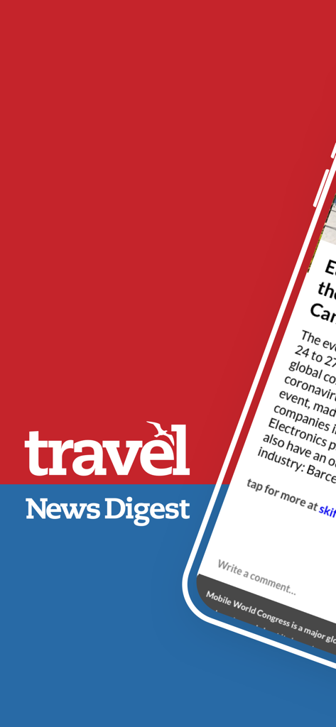 Travel News Digest - Travel News Digest app logo and news summary interface displayed on a red and blue background.