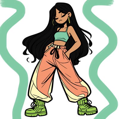 girl in baggy pants crop top and long hair