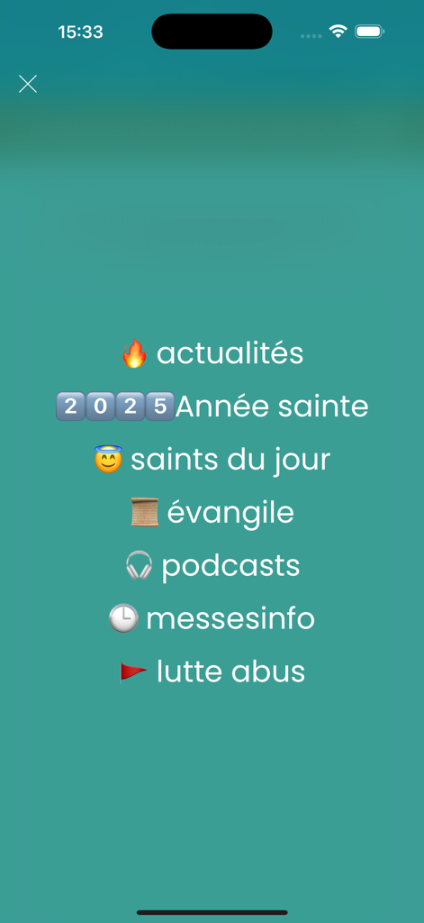 Eglise catholique en France - Main menu of the Eglise catholique en France app displaying features such as daily gospel, news, podcasts, and mass schedules.
