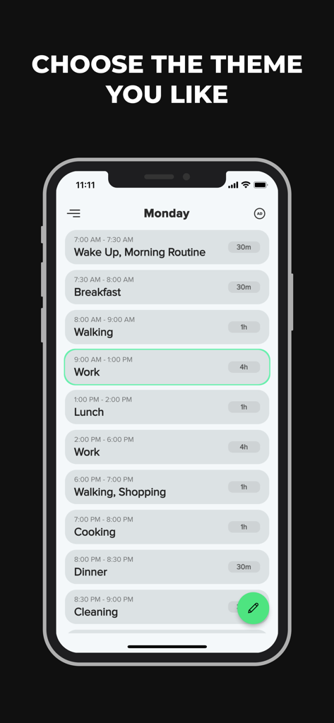 Daily Routine Planner App - Minimalist daily routine planner app interface displaying a Monday schedule with time blocking tasks