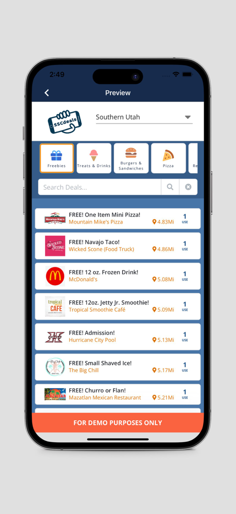 Lista de cupões gratuitos e ofertas de desconto na interface da app Starving Student Card