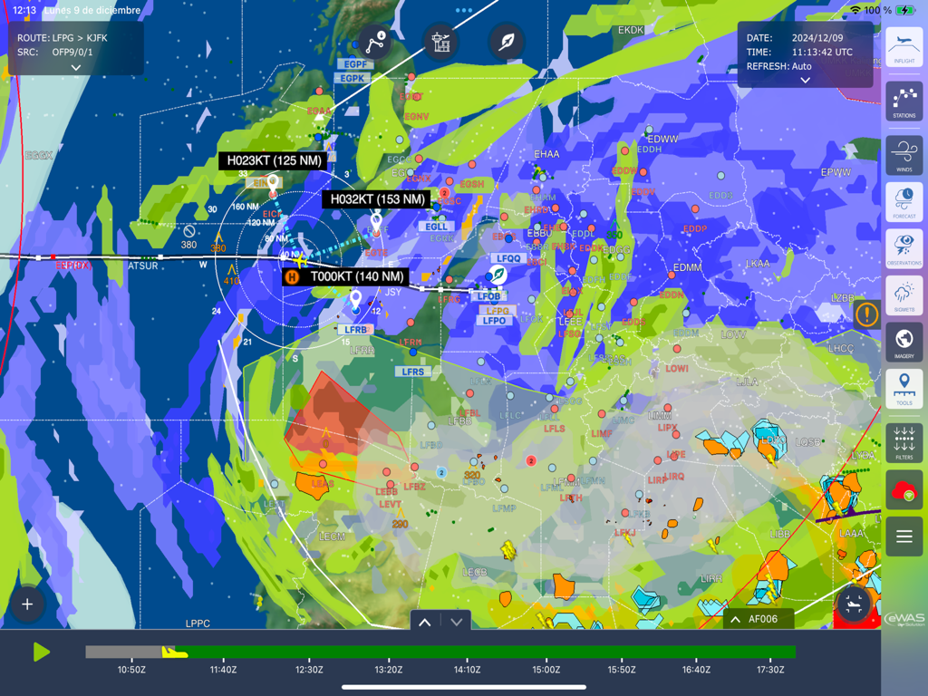 Professional aviation weather map interface showing flight routes and meteorological data