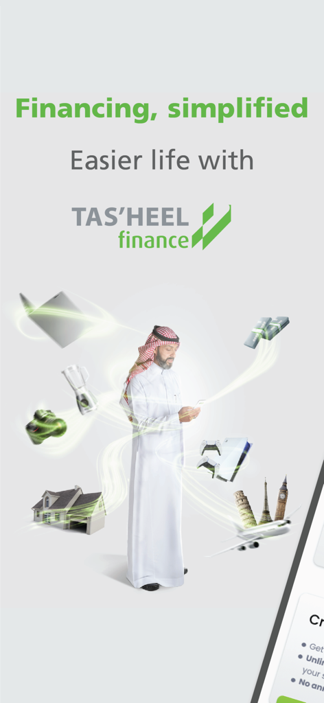 A man in traditional attire using a smartphone surrounded by icons for home, travel, and electronics representing TAS'HEEL Finance's Shariah-compliant services.