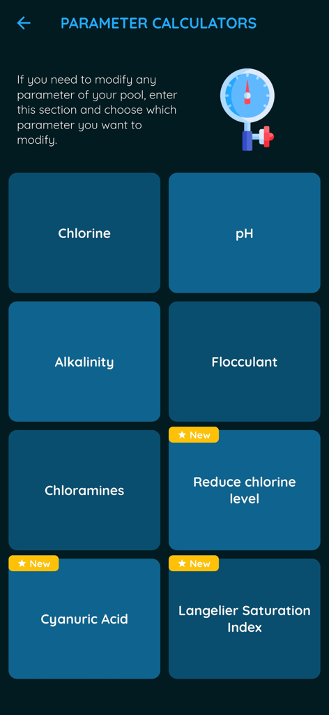 Swimming Pool Calculator - スイミングプール計算機アプリのインターフェース。塩素、pH、アルカリ度などのさまざまな化学薬品パラメータボタンが表示されます。