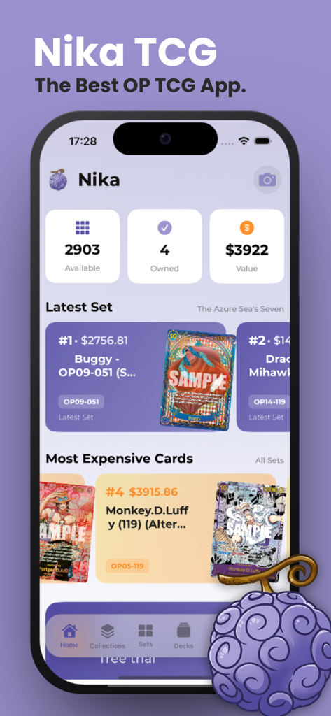 Nika TCG - Nika TCG mobile app home screen showing One Piece card collection value and trending market prices.