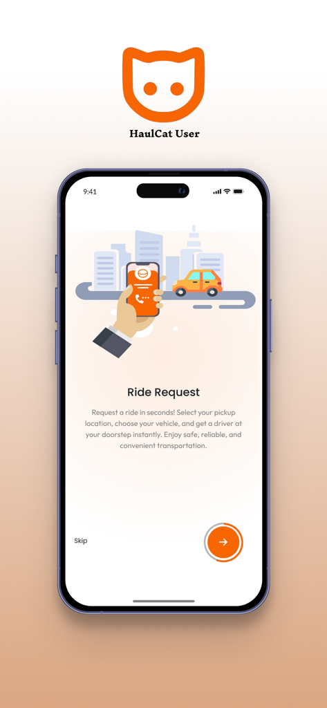 HaulCat User - HaulCat User app onboarding screen for requesting a ride with a city illustration