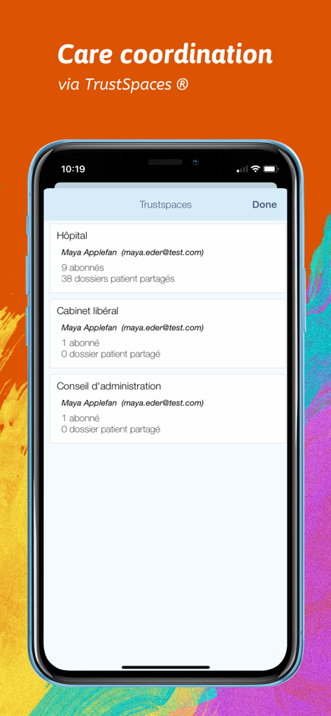 TrustSpaces에서 진료 조정 및 공유 의료 기록을 보여주는 Medicapp Pro 앱 인터페이스