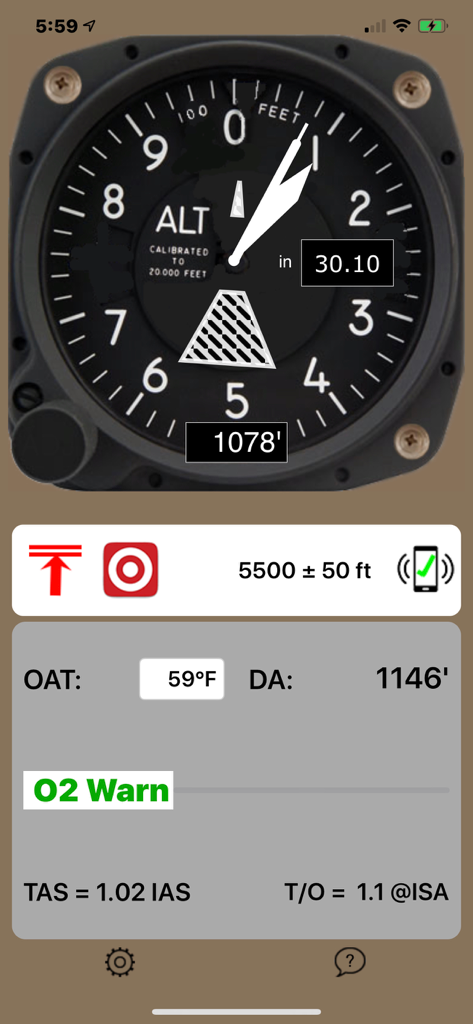 Digital aviation altimeter interface showing altitude and density altitude data