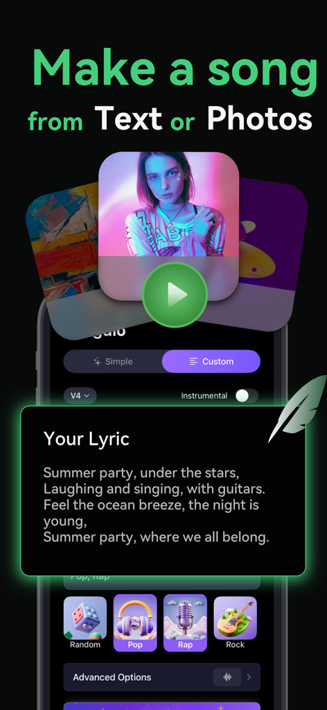 Songdio - AI Music Video Maker - Songdio App-Oberfläche, die zeigt, wie man einen KI-Song aus Text erstellt, mit Optionen für Pop-, Rap- und Rock-Stile.