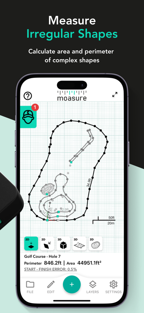 Moasure - Moasure app interface displaying the area and perimeter of a complex irregular shape
