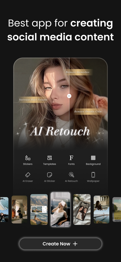 Vivisticker: Story Maker - Interfaccia dell'app Vivisticker che mostra strumenti di ritocco AI per creare contenuti estetici per i social media