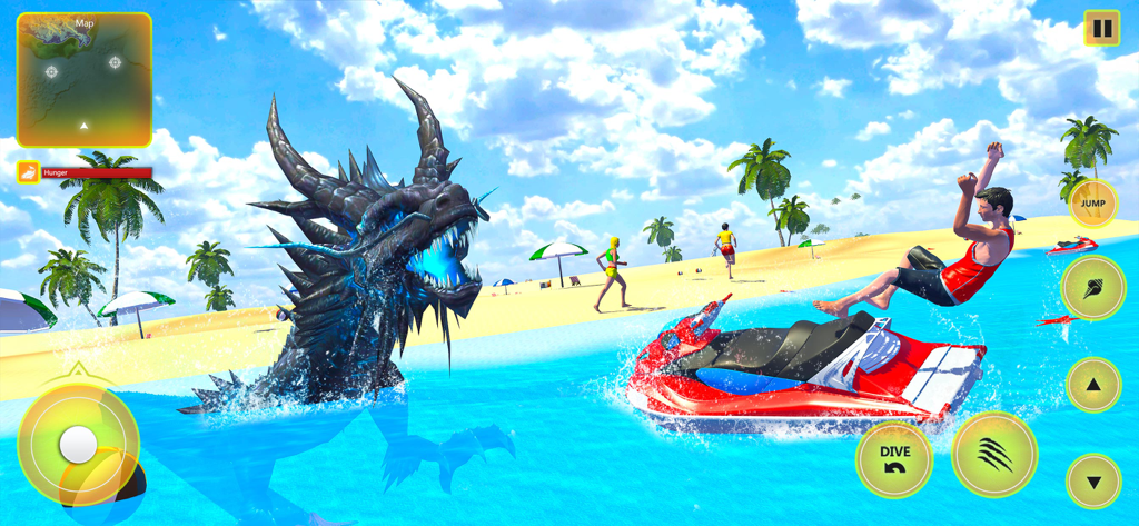 Um dragão marinho gigante emerge do oceano para atacar uma pessoa em um jet ski perto de uma praia em Sea Monster Simulator 2018.