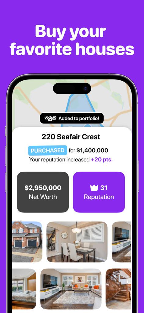 Househunt: Fun With Real Homes - Mobile app screen showing a purchased house in the Househunt real estate game with property photos and player statistics
