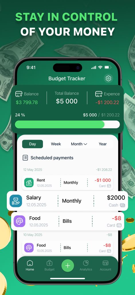 Bills Organizer app interface showing budget tracker with monthly balance and scheduled payments