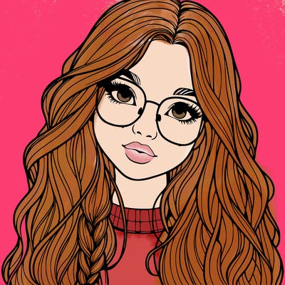 girl with long hair and freckles and glasses realistic