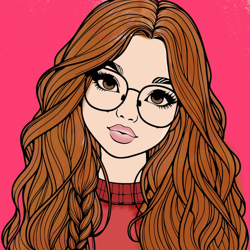 girl with long hair and freckles and glasses realistic