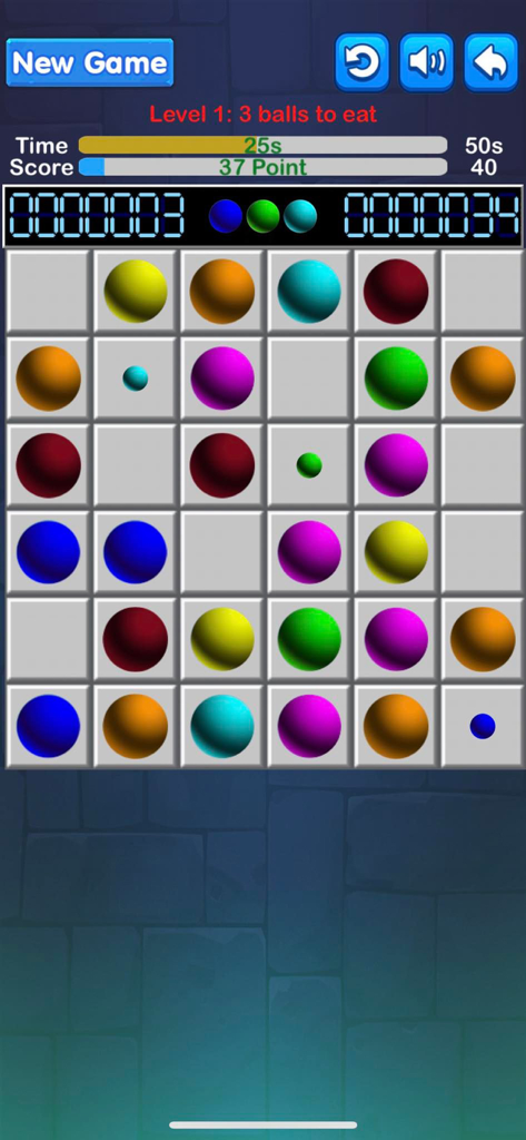 Line 98 Battle-Line 98 Classic - Gameplay screen of Line 98 Battle showing a grid of colorful balls and score tracker