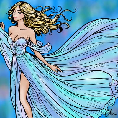 realistic woman in dress flowing the the wind