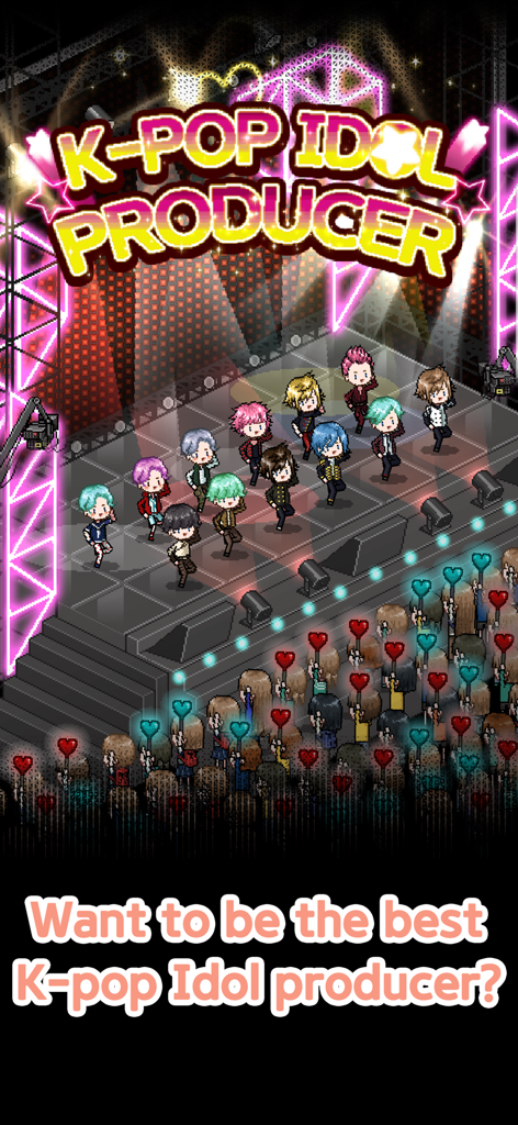 K-POP Idol Producer - Pixel art of a K-pop boy group performing on stage in front of a cheering crowd with heart shaped lightsticks
