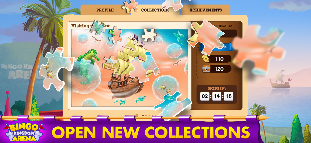 Bingo Kingdom Arena Bingo Game - A maritime themed jigsaw puzzle screen showing the collections feature in Bingo Kingdom Arena