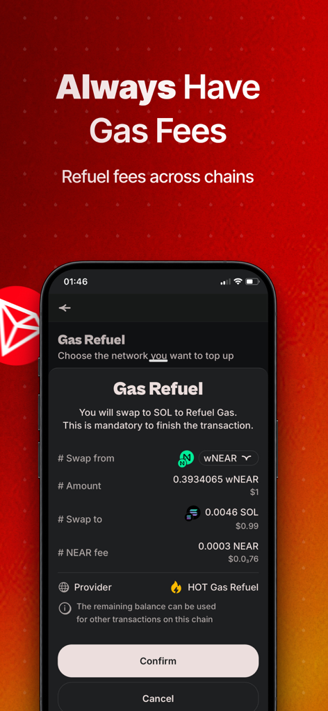 HOT Crypto Walletアプリのスクリーンショット。さまざまなブロックチェーンの手数料のためのトークンスワップ用のガスリフューエルインターフェースを表示しています。