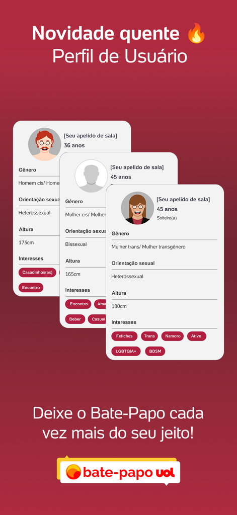 Captura de tela mostrando diversos cartões de perfil de usuário no aplicativo UOL Bate-Papo com opções de identidade de gênero e interesses.