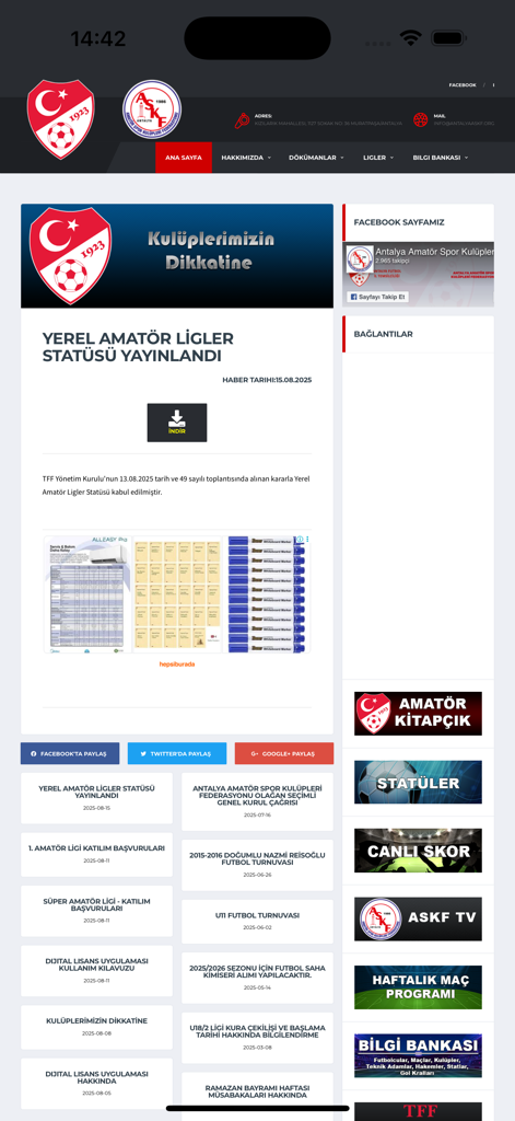 Antalya ASKF - Página de inicio de la aplicación móvil Antalya ASKF con noticias de la liga deportiva amateur y actualizaciones de la federación
