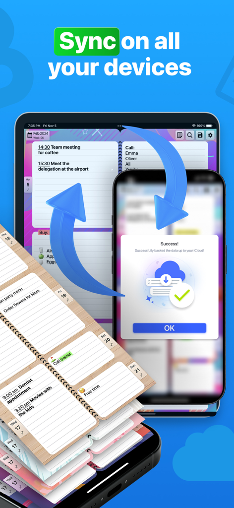 Weekly Planner app interface showing automatic synchronization across iPad and iPhone via iCloud