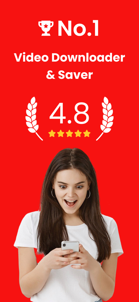 Werbegrafik für die Video Downloader App mit Status Nr. 1 und einer Bewertung von 4,8