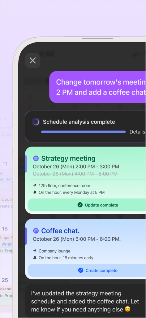 Interface du calendrier IA Trace montrant le traitement du langage naturel pour mettre à jour les réunions et ajouter automatiquement de nouveaux événements.