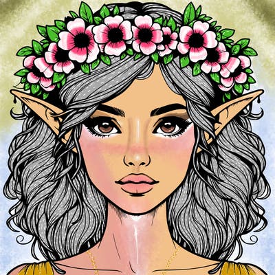 realistic female elf with flower crown