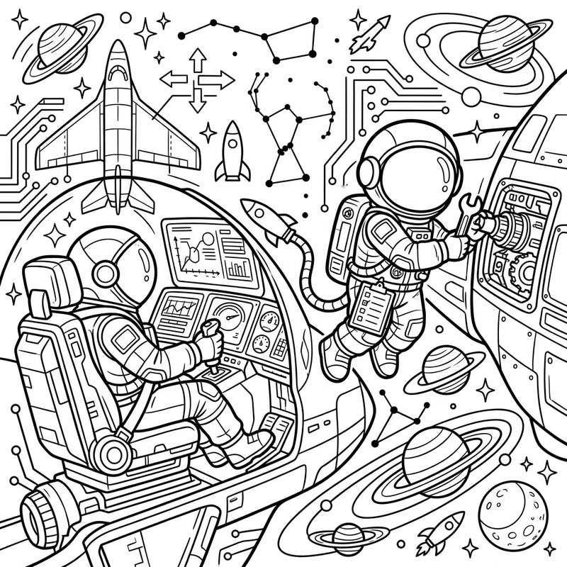 Embark on an epic cosmic journey with this dynamic coloring page featuring courageous astronaut test pilots. Discover a detailed scene filled with spacecraft, planets, and the wonders of deep space, ready for your creative touch.