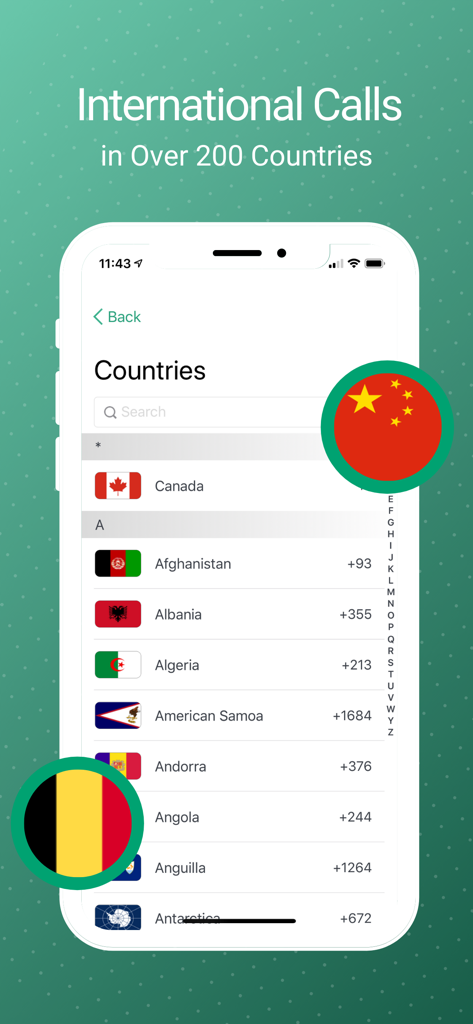 WeTalk Pro- WiFi Calling Phone - WeTalk Proアプリの画面。国番号と国旗とともに、200以上の国際電話可能な国のリストが表示されます。