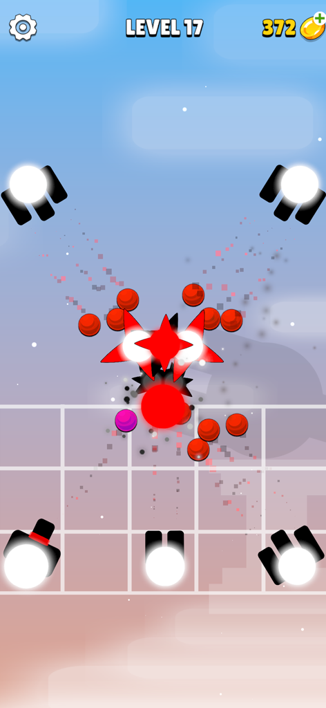 A gameplay screenshot of Fighter Merge showing abstract units battling a red star-shaped boss at level 17